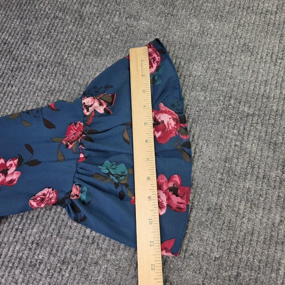Elle Blouse Womens XL Blue Floral Bell Sleeve Pullover Top Pink Teal Rose Print - Picture 10 of 12